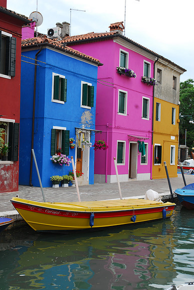 Blue Burano with Yellow Motorboat