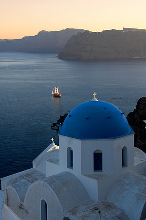 Blue Dome & Sailing Ship at Sunset