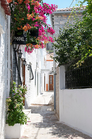 Hotel & Alley with Bougainvillea